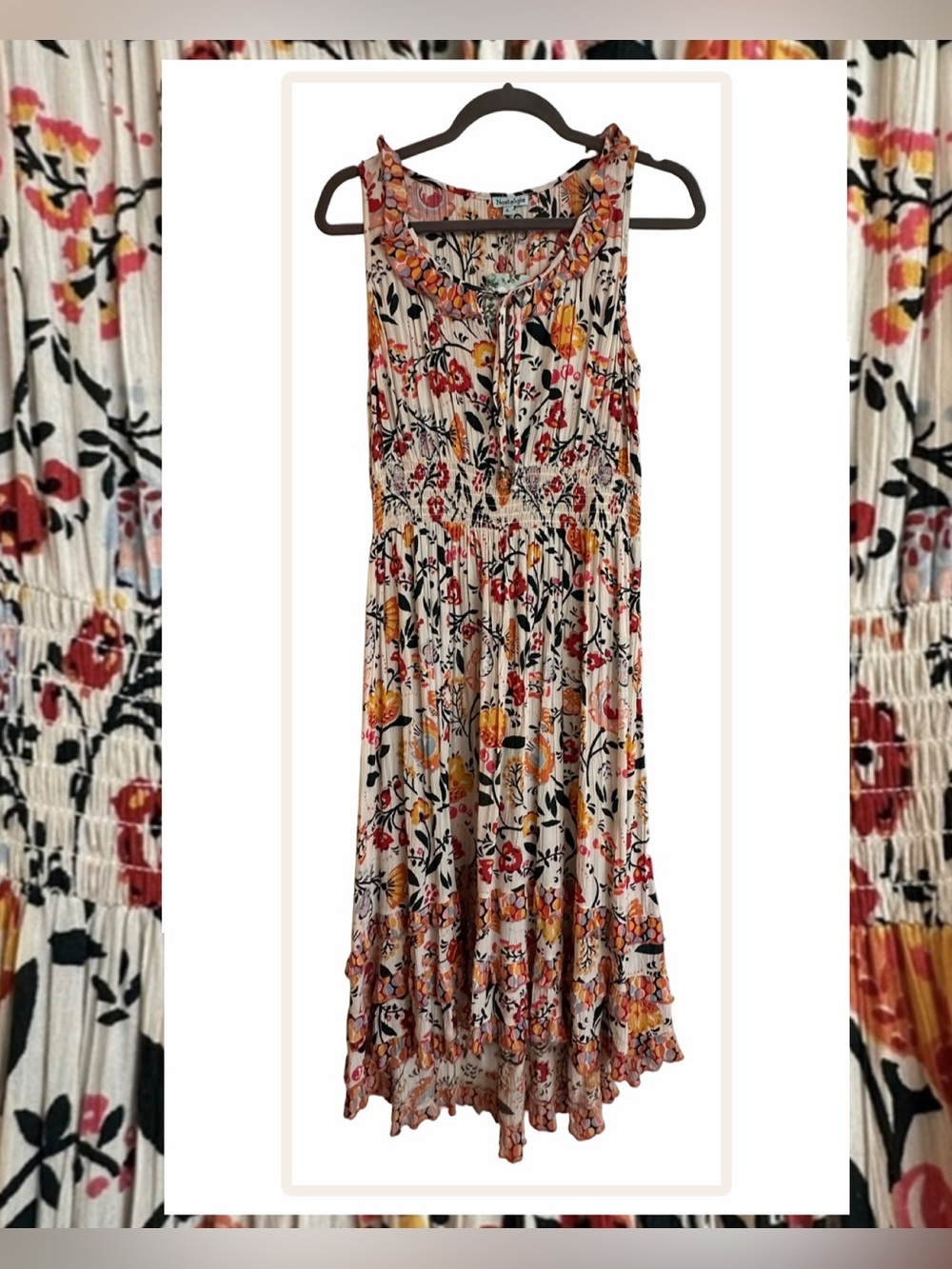 Midi Dress, Boho Print, High Low style (size large) NWT